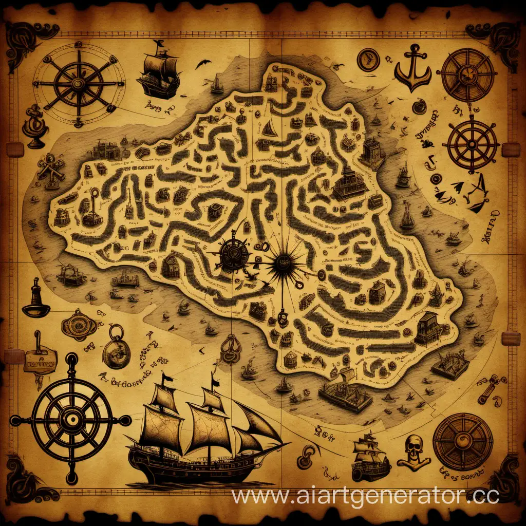старая пиратская карта с загадочными символами и подсказками, которые нужно расшифровать.