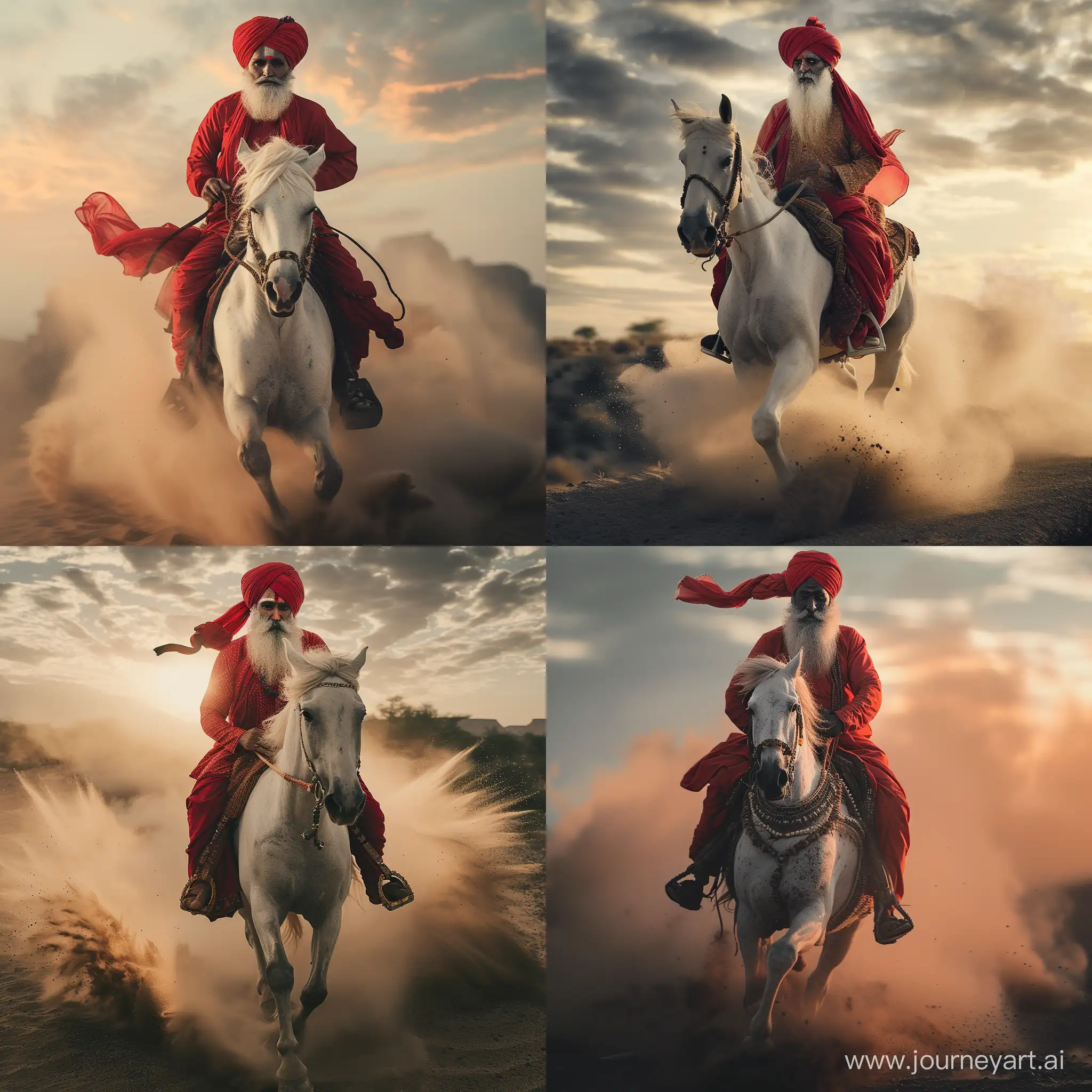 rabari rajasthan  red turban white beard riding on white horse in the desert with some dust and movement total body wide angle 24 mm fuji xt4 soft sunset light and contrast