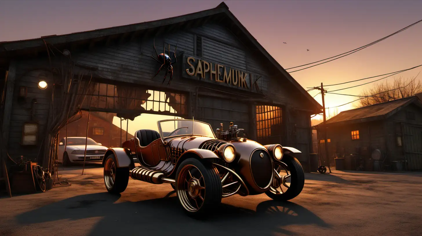 Steampunk, fast car, spider mechanic, outside an old garage, sunset, realistic, uhd