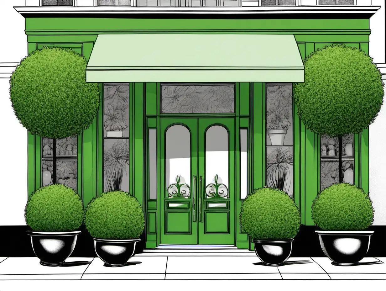 illustration of an upscale storefront with topiary and a green front door