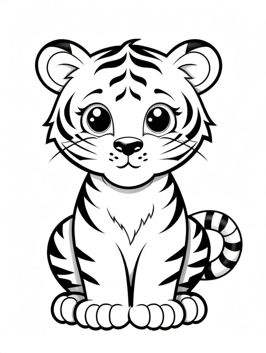 Cute little tiger, Coloring Page, black and white, line art, white background, Simplicity, Ample White Space. The background of the coloring page is plain white to make it easy for young children to color within the lines. The outlines of all the subjects are easy to distinguish, making it simple for kids to color without too much difficulty