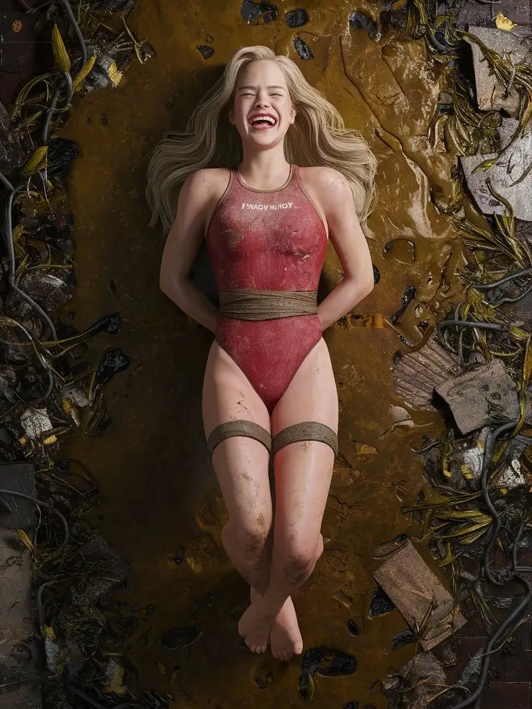 3d ultra realist resolution render, portrait of beautiful blond 20-year-old women long hair painful laughing, wearing a dirty and ripped red high-leg-cut competition one-piece-swimsuit, her hand are tied behind her back, lying on floor covered in lots of liquid mud organic trash worms and iron floor.