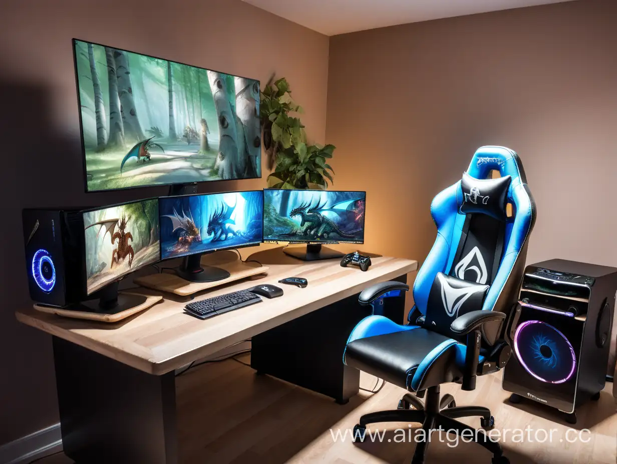комната, игровой компьютер, на мониторе Березовый дракон, рядом со столом игровое кресло повёрнутое к зрителю 
