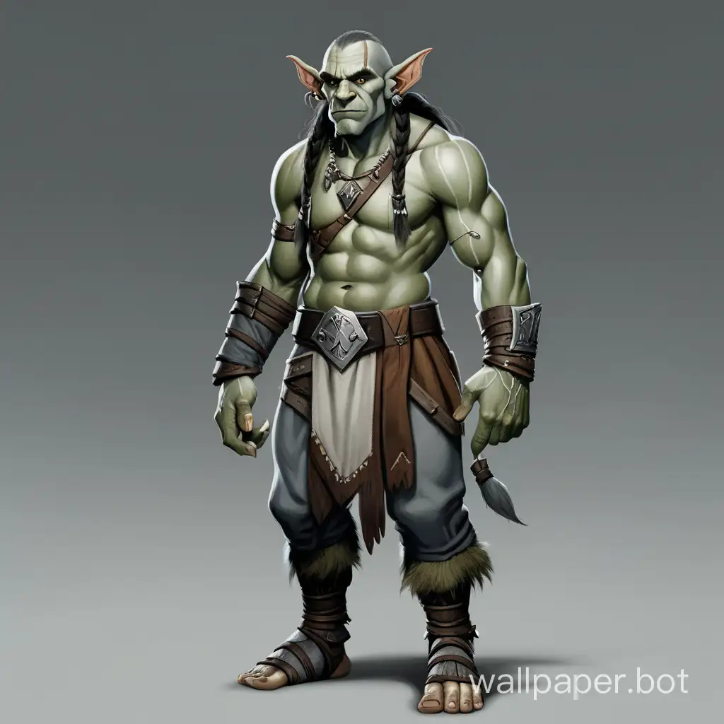 Half-Orc, with gray skin, long ears and nose, full-length