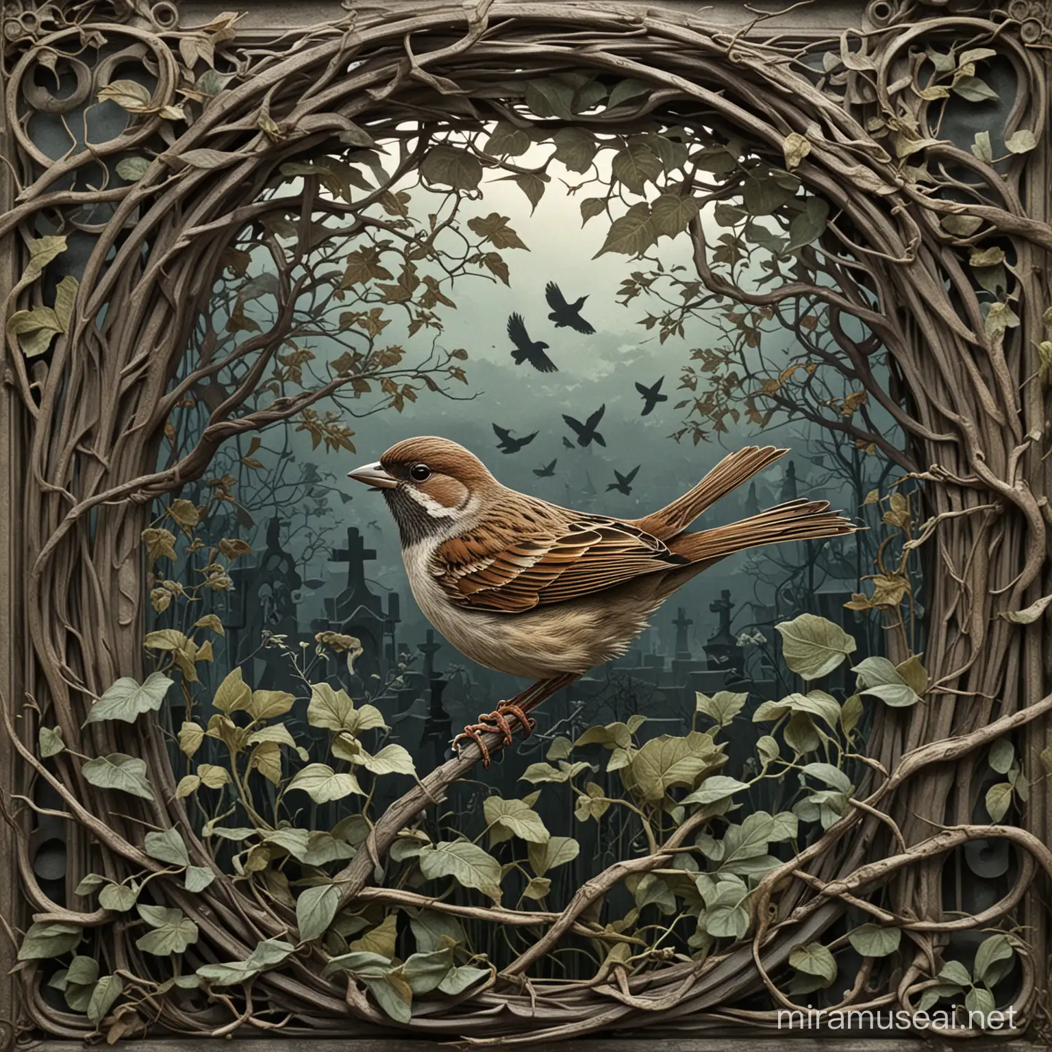 Art Nouveau Sparrow in Shadowy Graveyard with Vines