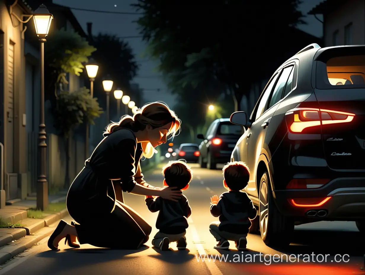 It can be seen from the side that it is dark in the evening, the cars on the street are on the edge of the lane, the cars are turning on their lights, the mother is kneeling in the car and hugging her little son, the mother from the car lights and I see the child only in black.