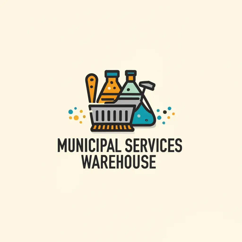 a logo design,with the text "Municipal Services Warehouse", main symbol:Dustpan, Broom, toilet paper, Bottled water, Chemistry,Moderate,be used in Nonprofit industry,clear background