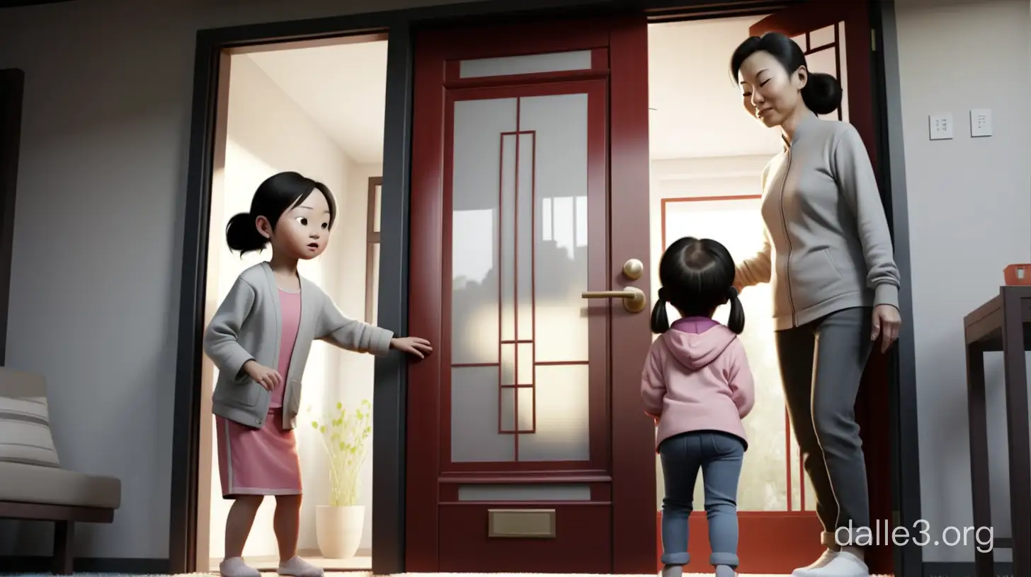 清晨，现代屋内，一个中国中年妇女穿着便装打开大门，门外站着个小女孩