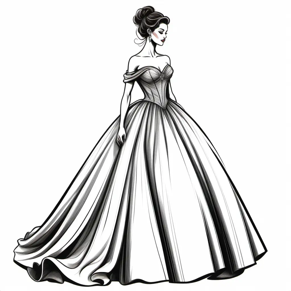 Elegant Ball Gown Illustration with Bold Black Lines | MUSE AI