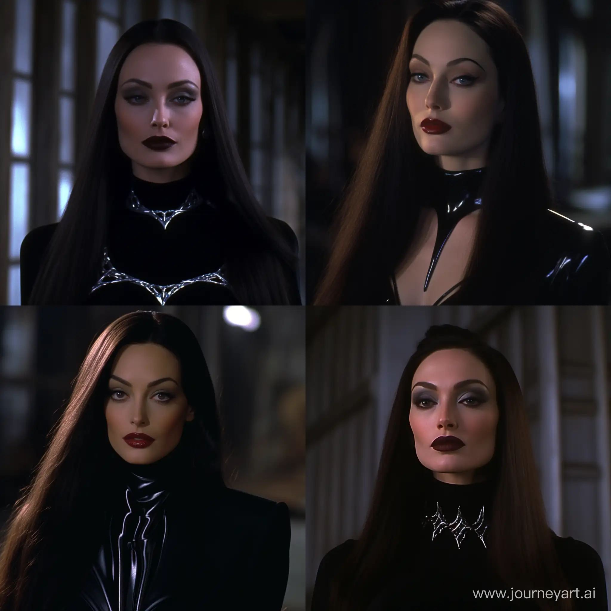 Ajelicia-Huston-as-Morticia-Addams-as-Batgirl-in-1993-Movie-DVD-Screengrab