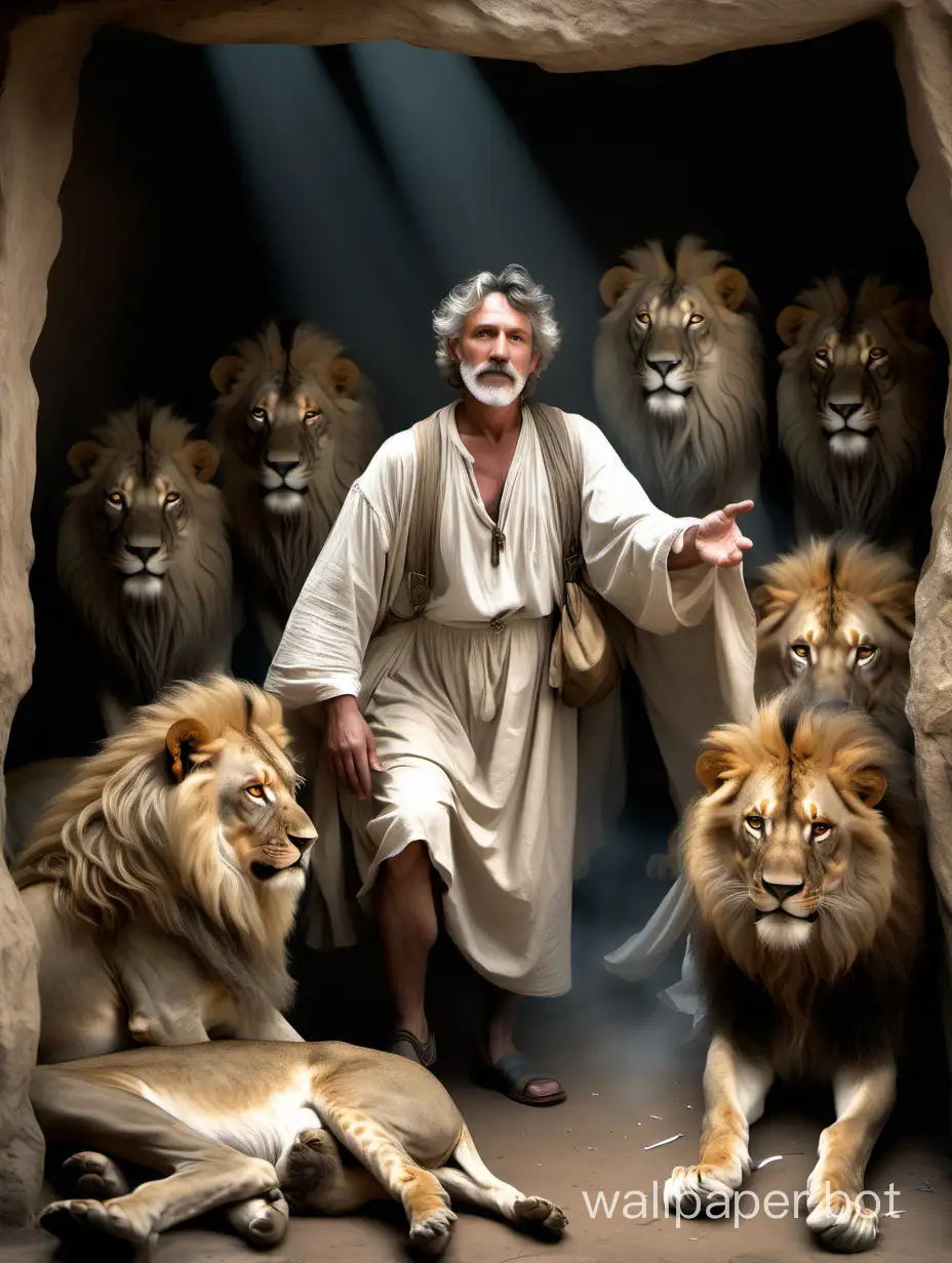 A middle aged peasant male dressed in rags surrounded by an angelic aura in a den of lions