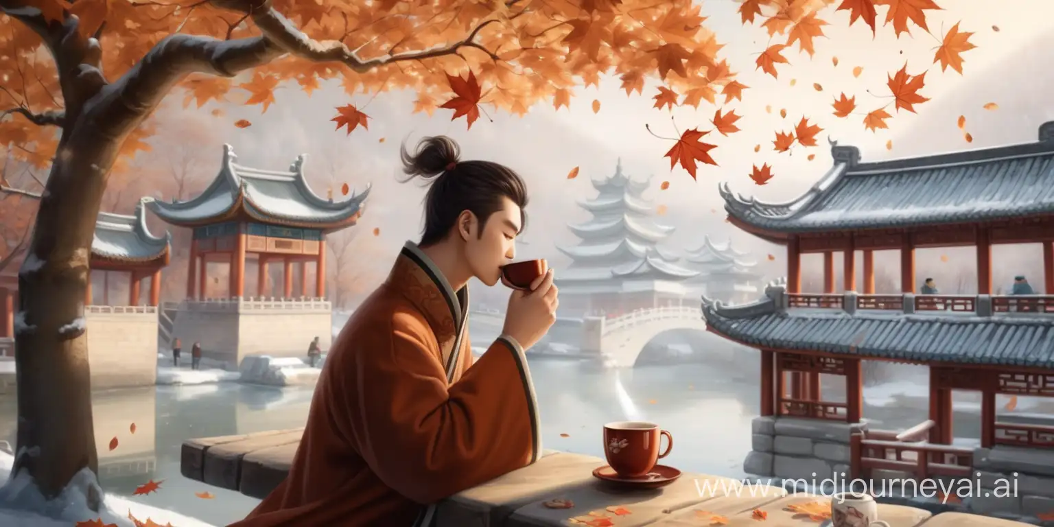 在古老中国城市里 在一个冬天枫叶飘下的周围 一位男生非常的诗情画意的喝着一杯咖啡