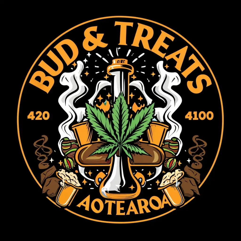 a logo design,with the text "BUD & TREATS" "420" "AOTEAROA", main symbol:WEED, BONG, SMOKE, CANDY, CHOCOLATE, SPIRITUAL, PSYCODELIC,Moderate,clear background