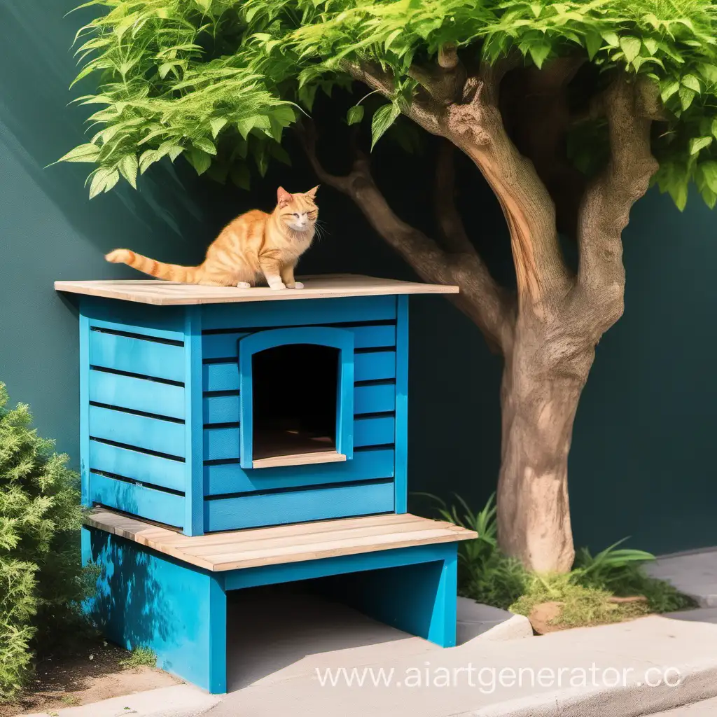 домик для уличных кошек около скамейки с деревом с зелеными листьями, домик для кошек деревянный с синими оттенками