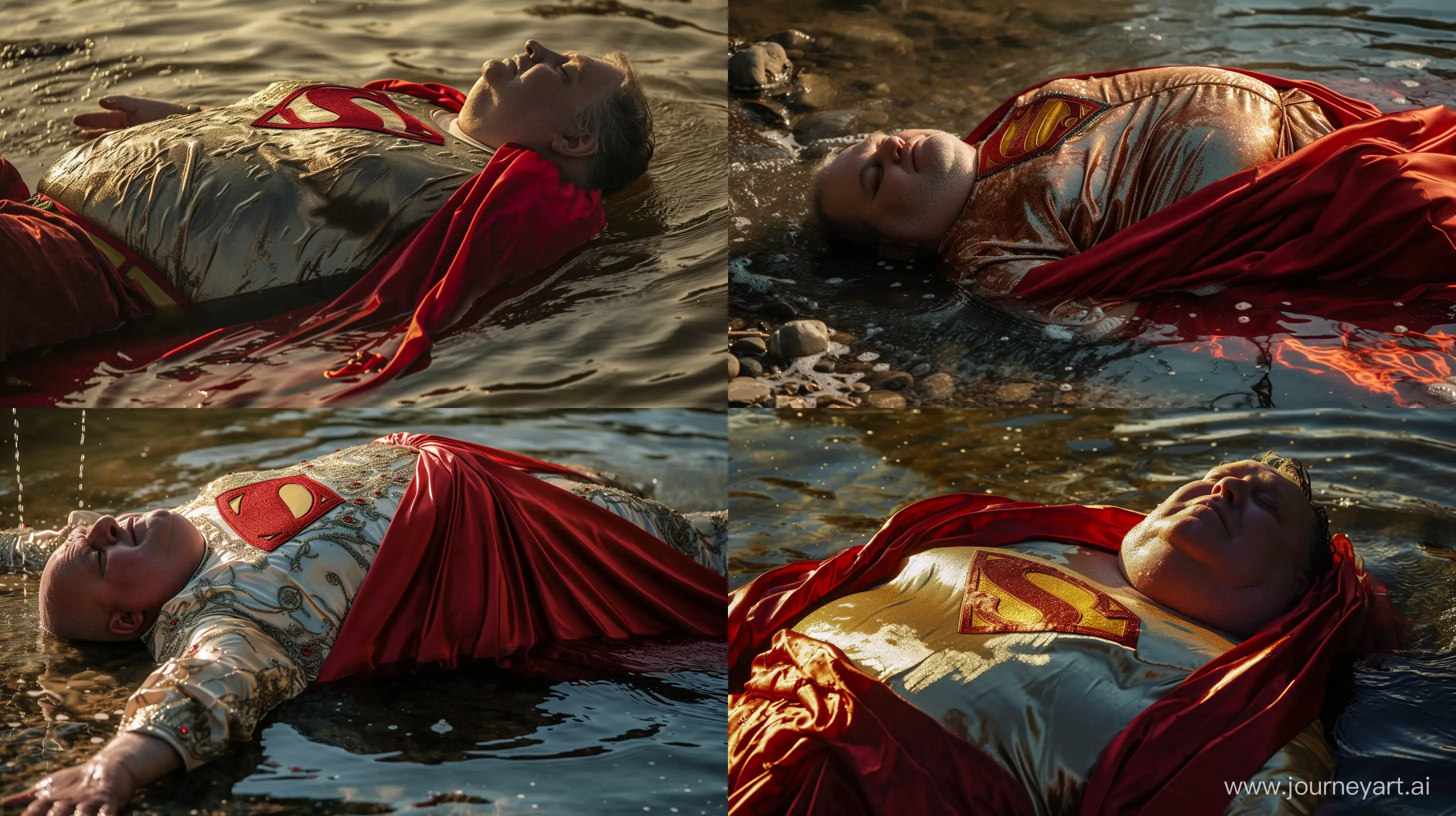 Front view close-up photo of a fat man aged 60 wearing a silk superman costume and a red cape lying face down in water. Natural Light. River. --style raw --ar 16:9