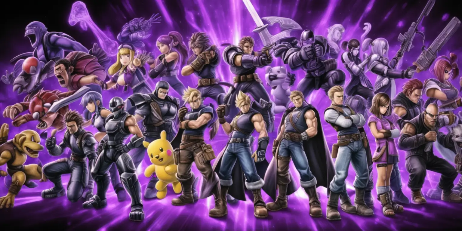 I need an image that has every game character in it with the background black and purple