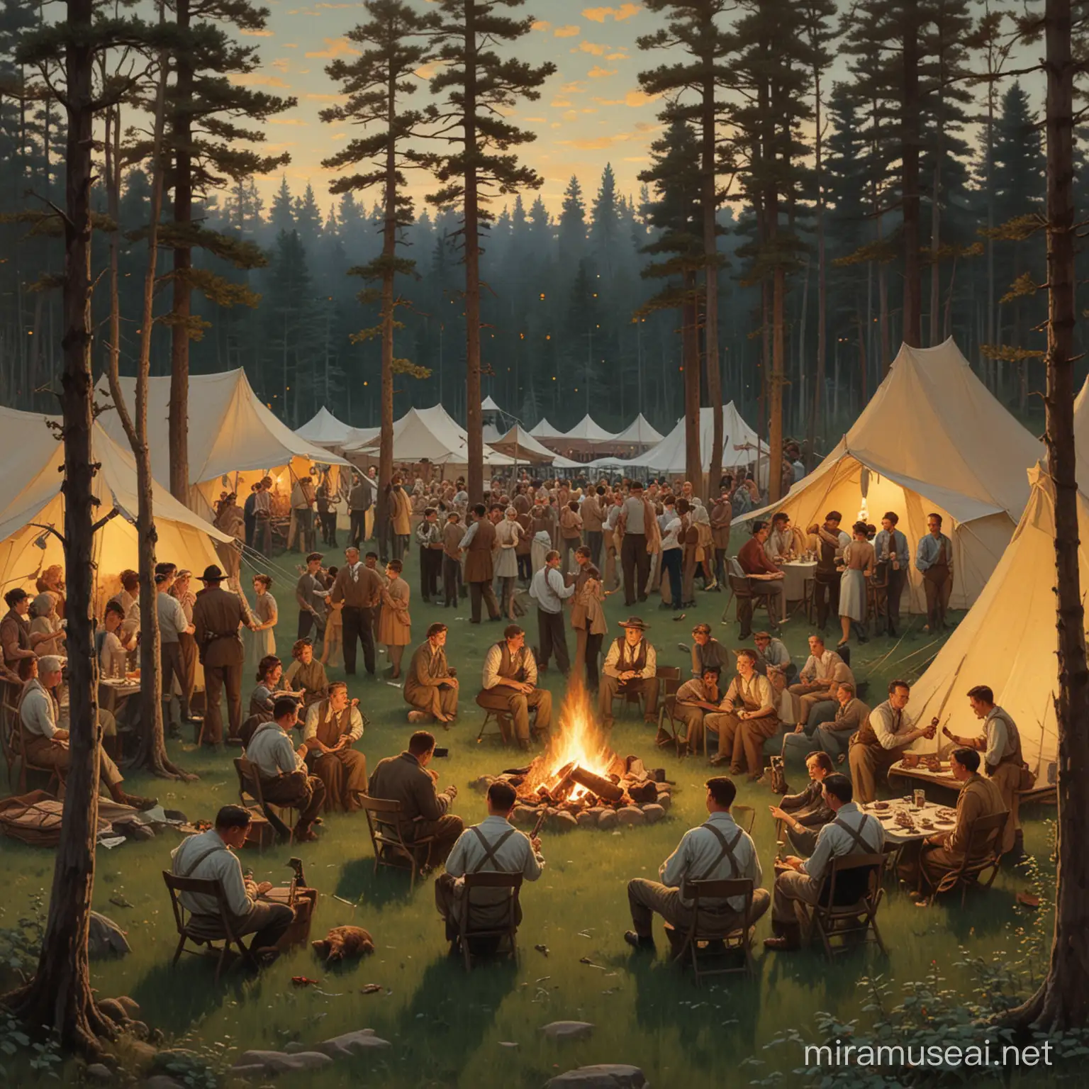 Norman Rockwell painting of a set in a meadow speckled with small pine trees, a canvas party tent is set up with a band playing music, a bonfire is lit outside, partygoers are a vast array of varying characters, also some deer mingle with them, it's dusk, the guests are having conversations and dancing, though the party is lit, the forest surrounding it is dark and ominous