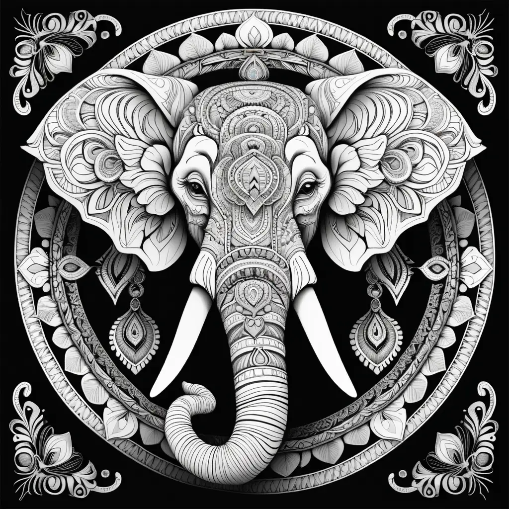 Coloring page with an elephant head in an very detailed and very defined 3d mandala on a black background