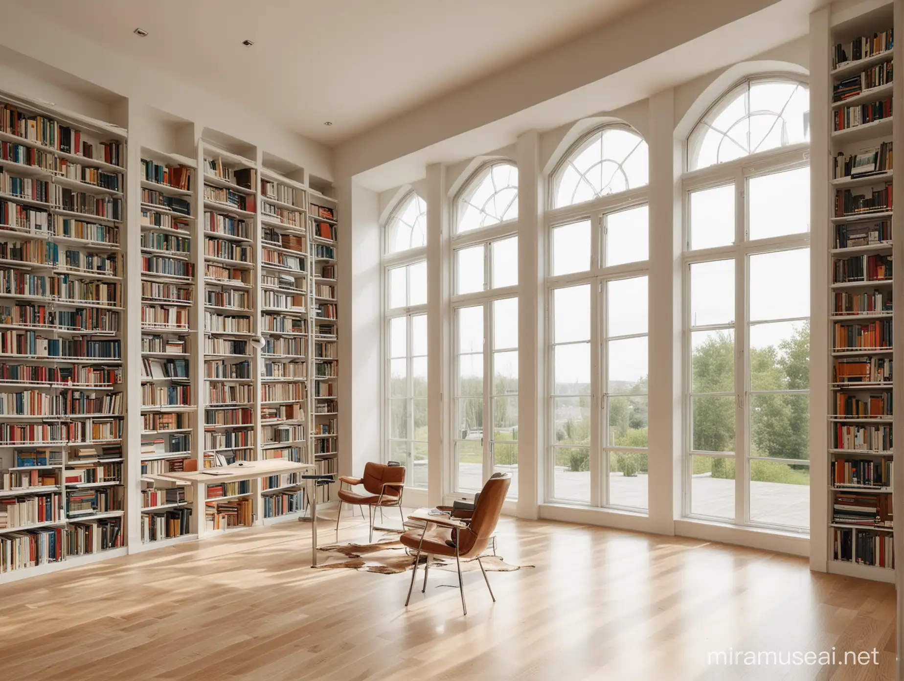 библиотека, большие окна, светлый фон, книги, естественный свет