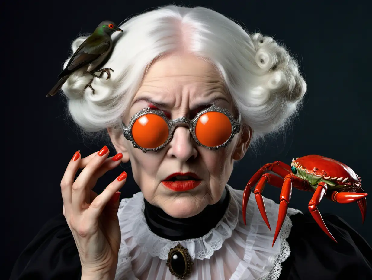 A woman with very old and white hair, with an orange-shaped glasses on her face, her hands look like crab jealousy, her nails are red-eyed, her lipstick is green on her lips, her head is made of black bird's hair, and her dress is very expensive and high-quality, and it belongs to the Victorian period of England.