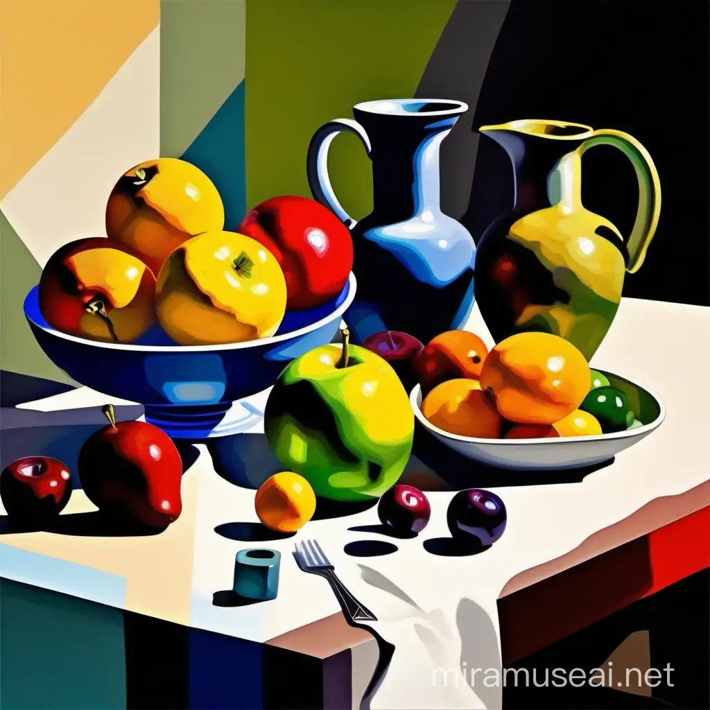 Still life with fruit, table top, small objects, with slanting shadows. A balance of natural and bright colors, digital painting in style of Picasso, Edward Hopper and Thomas Wells Schaller.