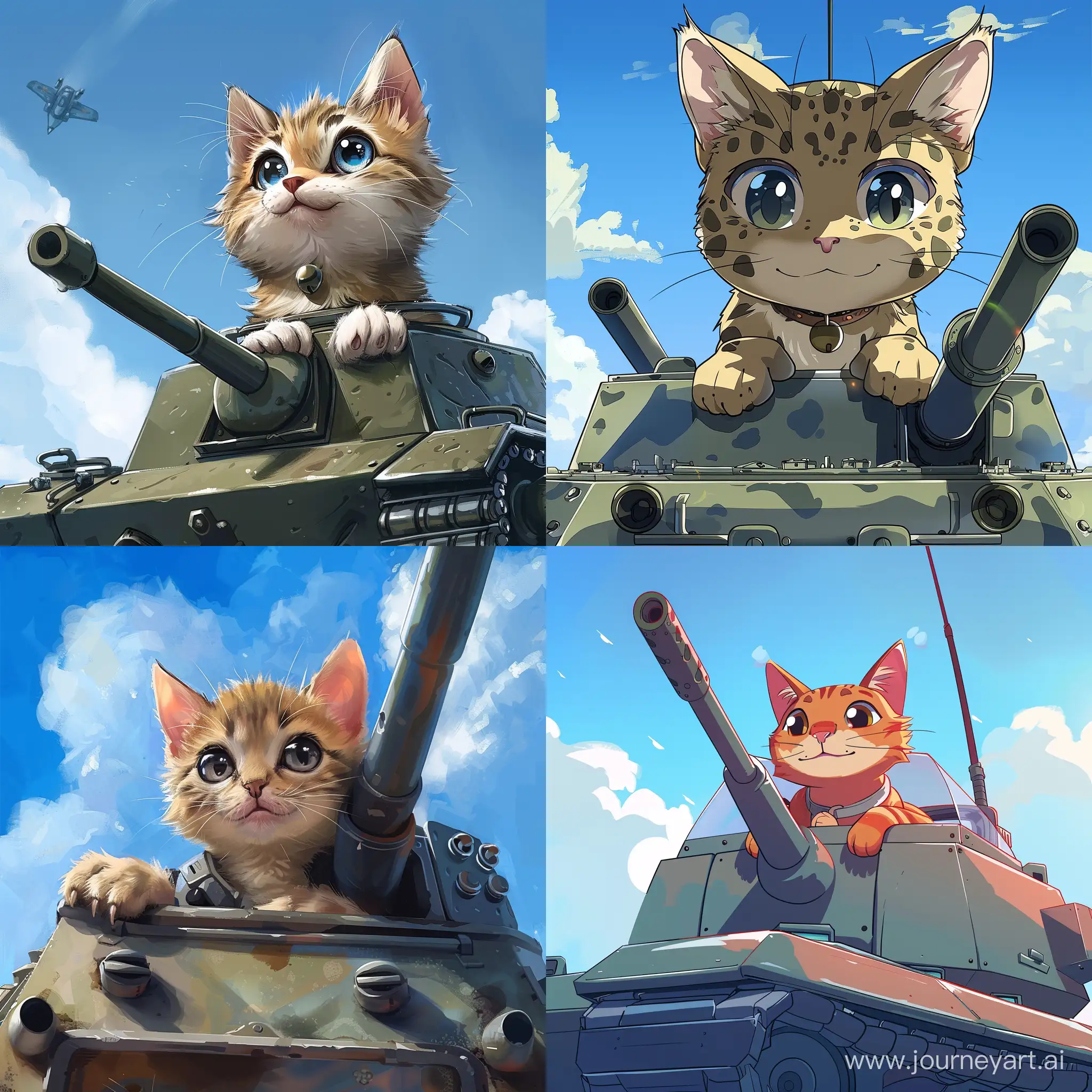 Adorable-Cartoon-Cat-Riding-Tank-Under-a-Clear-Blue-Sky