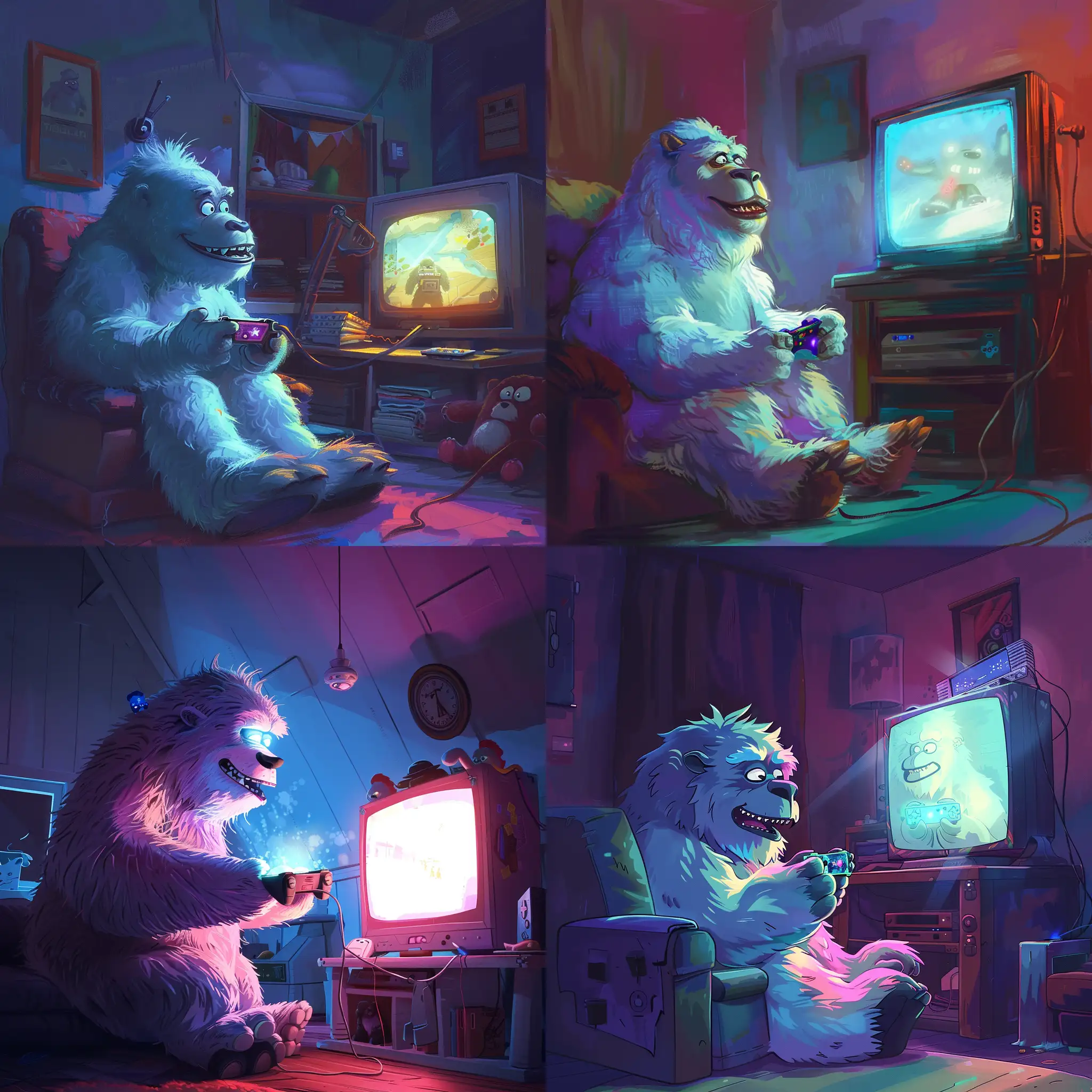 a yeti in a room, playing videogames, only light source is coming from the tv, light hearted, colorful