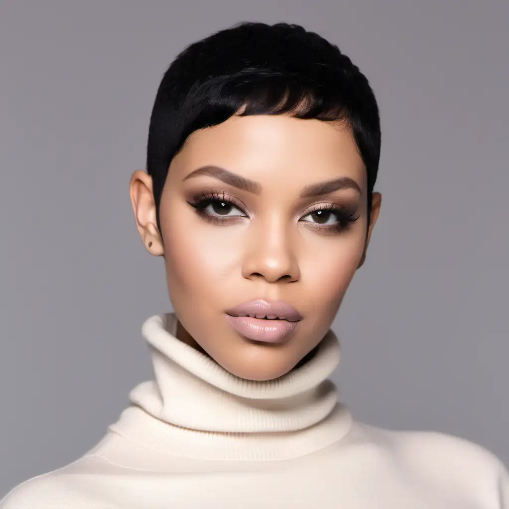 A beautiful light skin thick size woman. She has a black hair colored bald low haircut. She is wearing a cream turtleneck. She is modeling a pretty soft makeup look wearing a nude colored lip gloss.