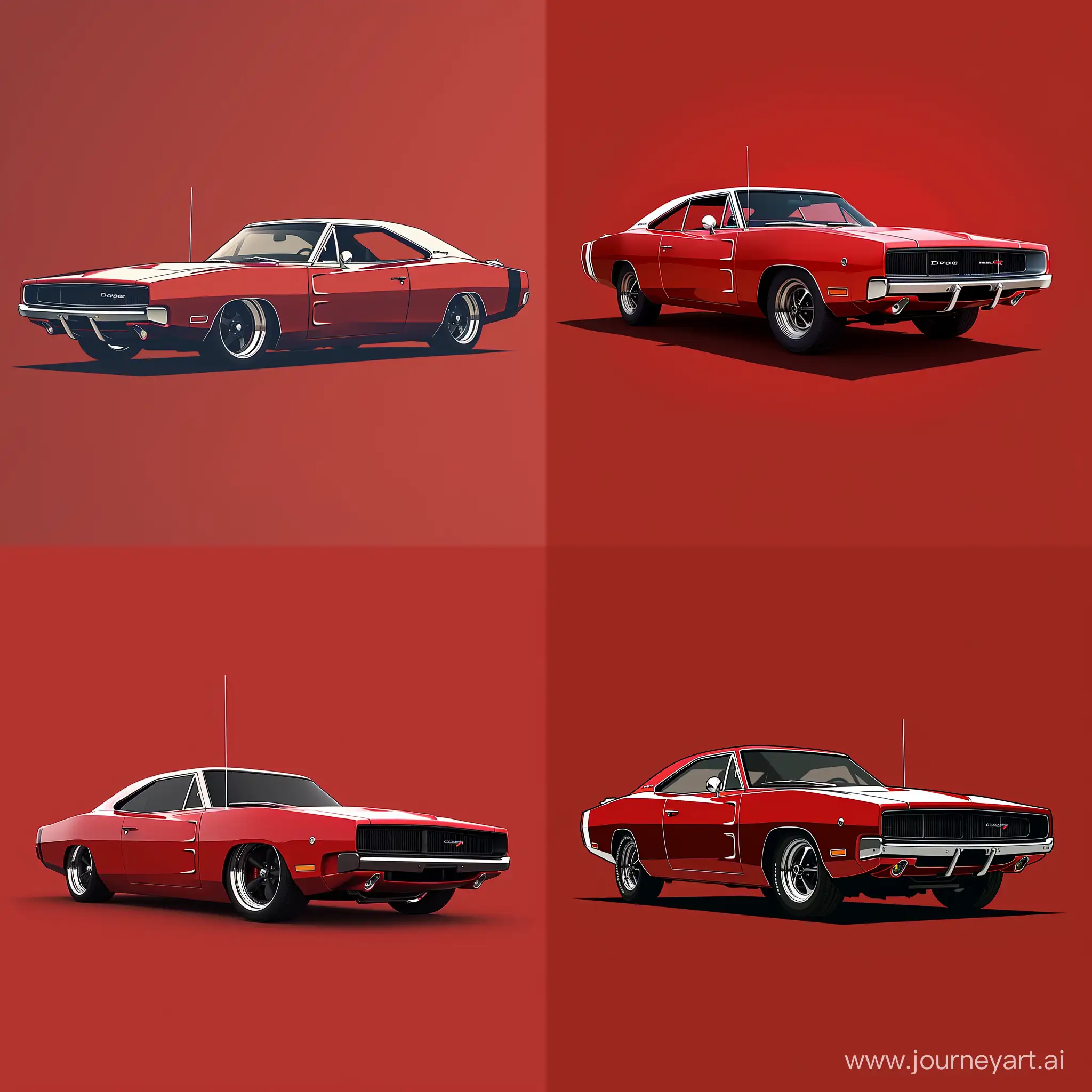 Minimalist 2d Illustration of Dodge Charger on Simple Red Background, Red Car Details, Best Quality, High Precision