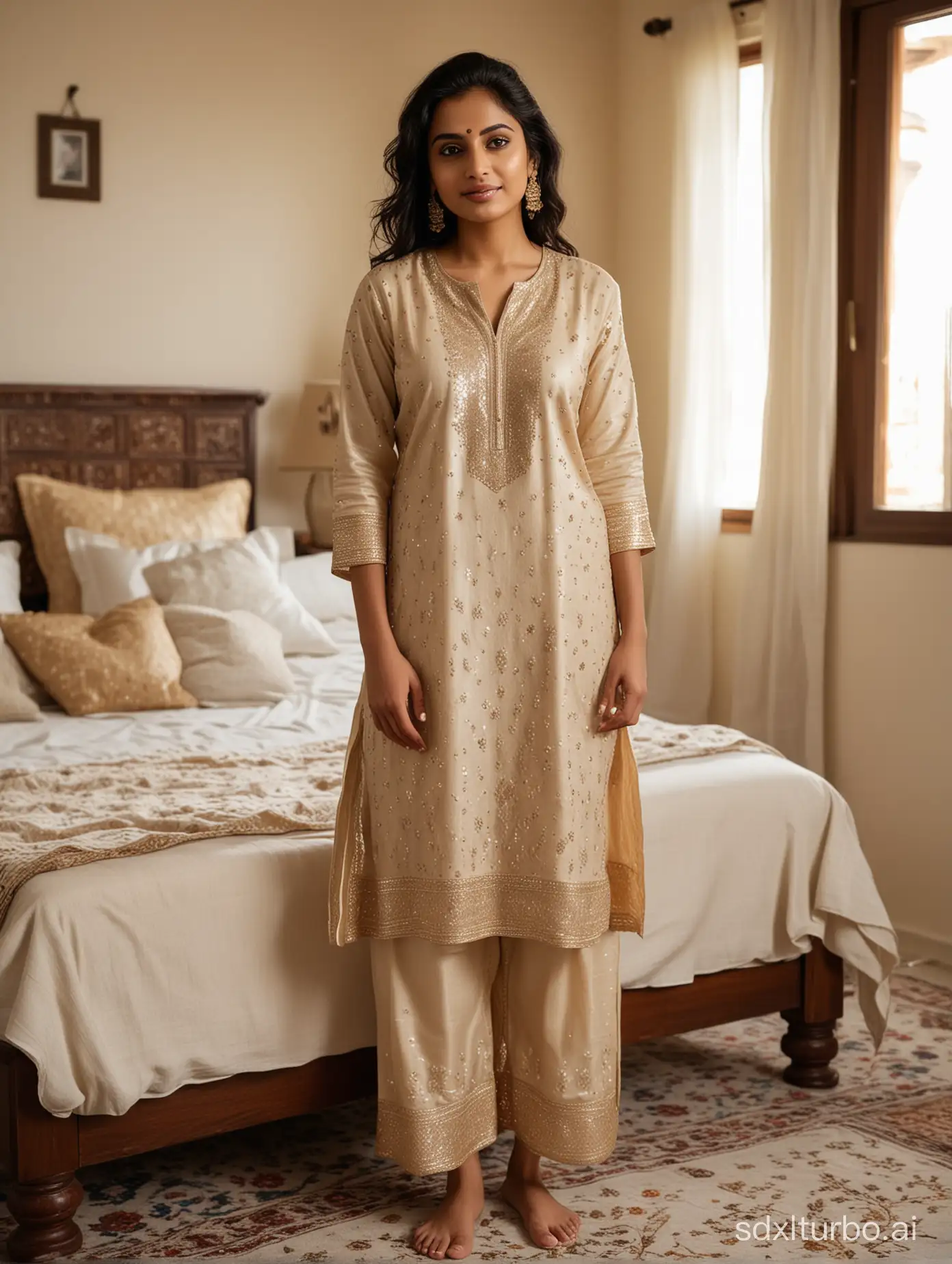 Indian woman in neutral 
sequin Hand Embroidered Kurta Set With Pants And Dupatta
 standing on the floor in a bedroom which is furnished in traditional Indian style with a made bed, room brightly lit, emulate Nikon D6 shot, wide angle shot, soft warm lighting, photorealistic