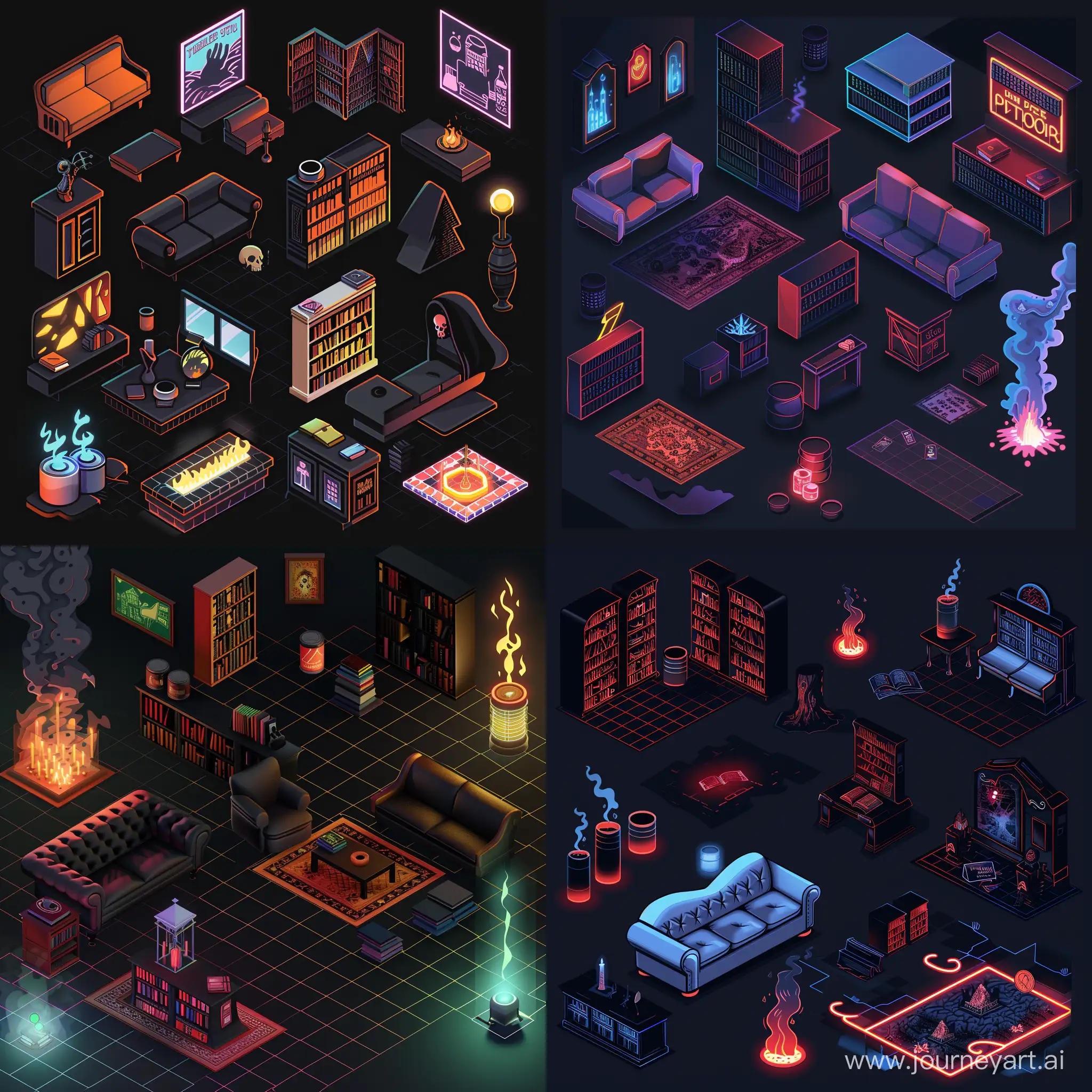 1970 game assets fantasy isometric objects room spooky ghost town , black , sofa , library , tile map , neon , smoky , can