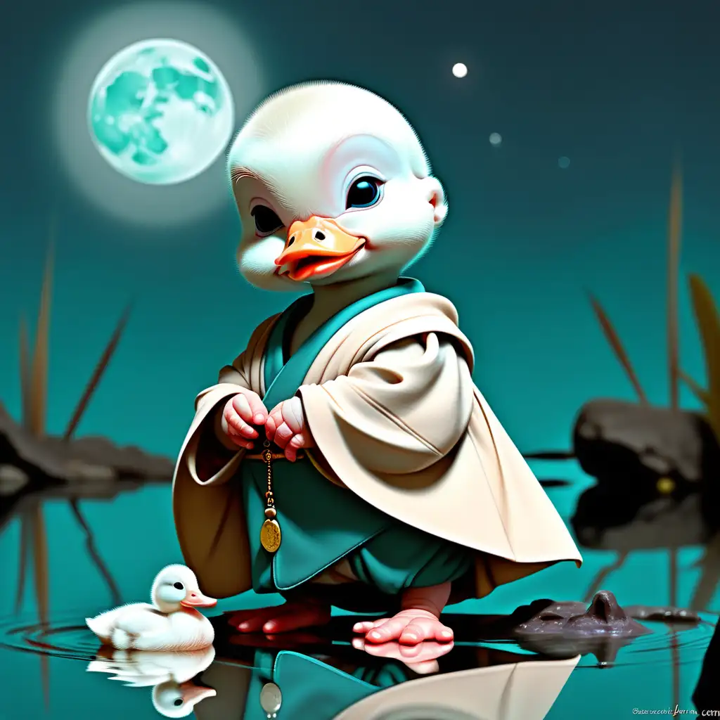 a white baby mallard under teal moonlight dressed like a monk   