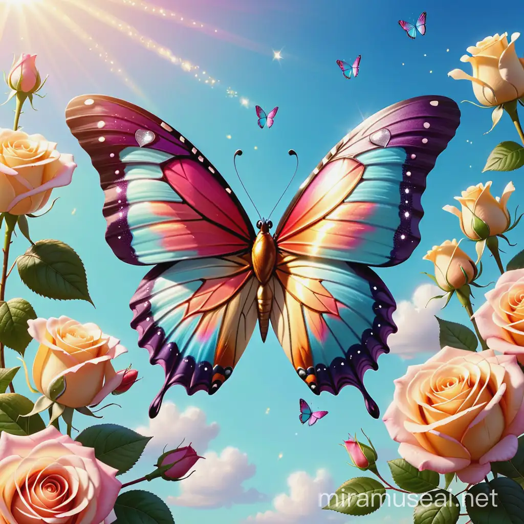 beautiful detailed wings butterfly, glitter puffy heart, beautiful two tone colored roses, sunny summer day