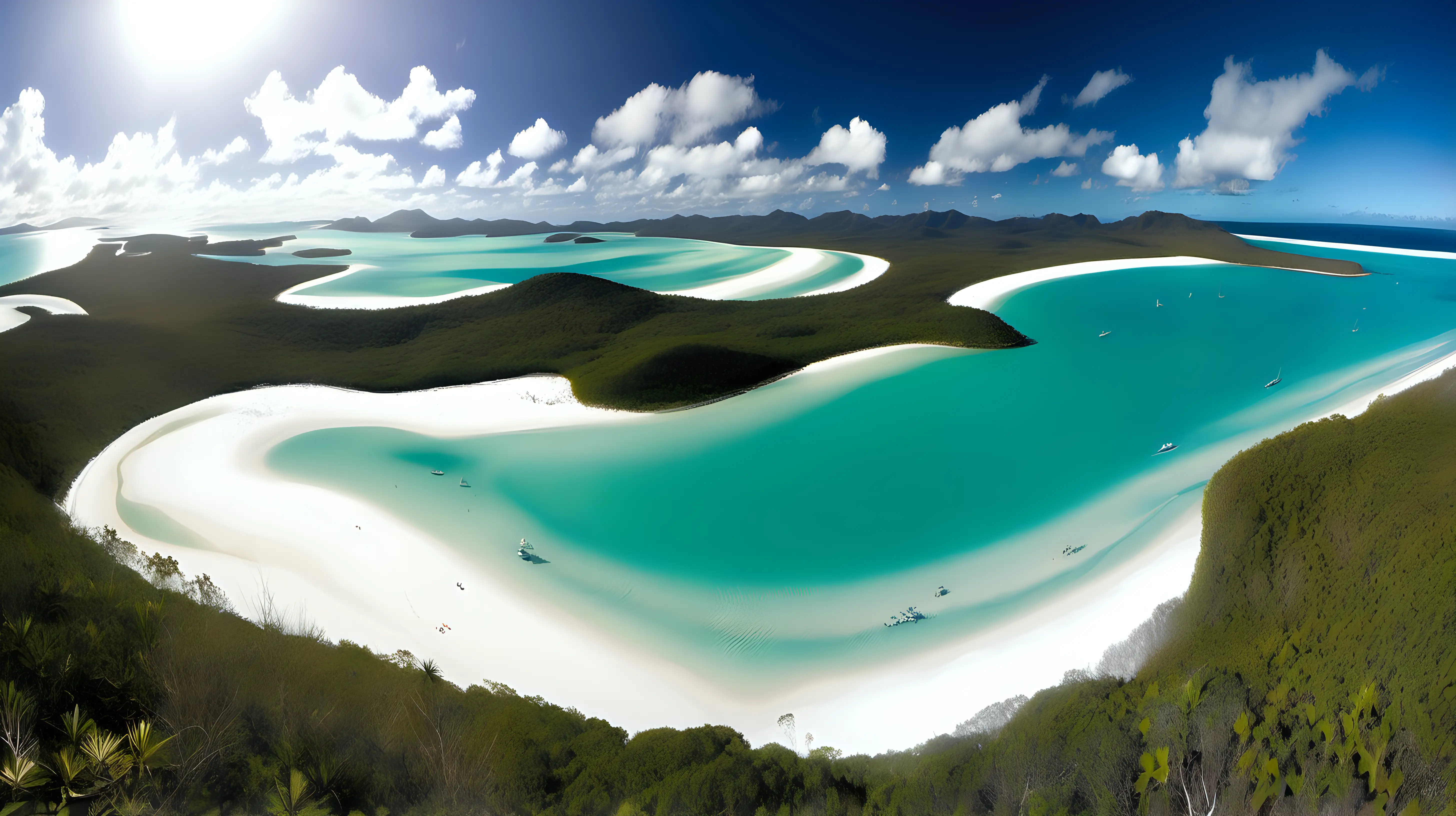 show Whitehaven Beach, Australia at its best shape and show its beauty roylaty and greatness,a wide angle image showing Whitehaven Beach, Australia at its peak beauty