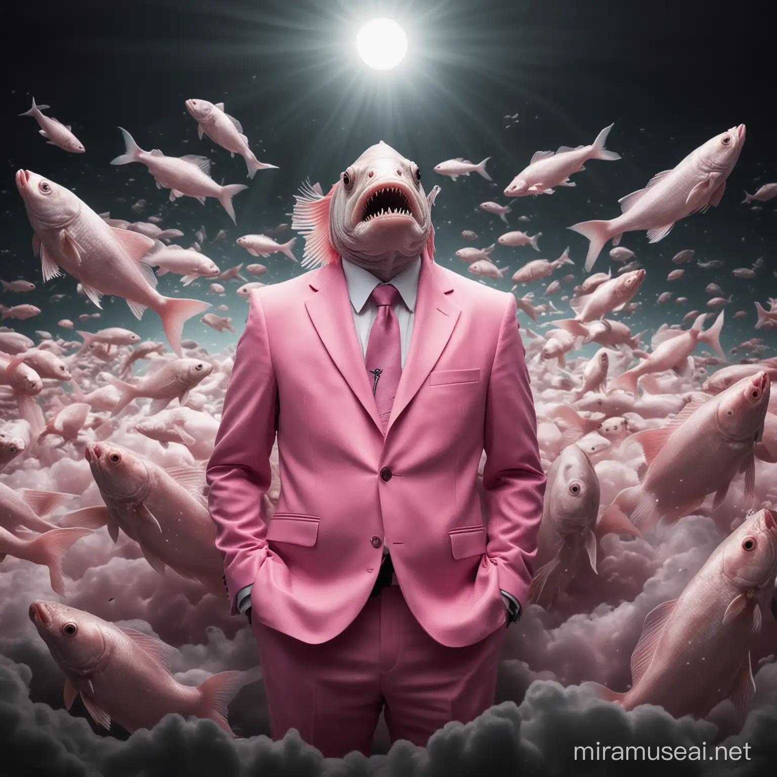 Surreal Illustration Pink Suit Fish in Heavenly Darkness