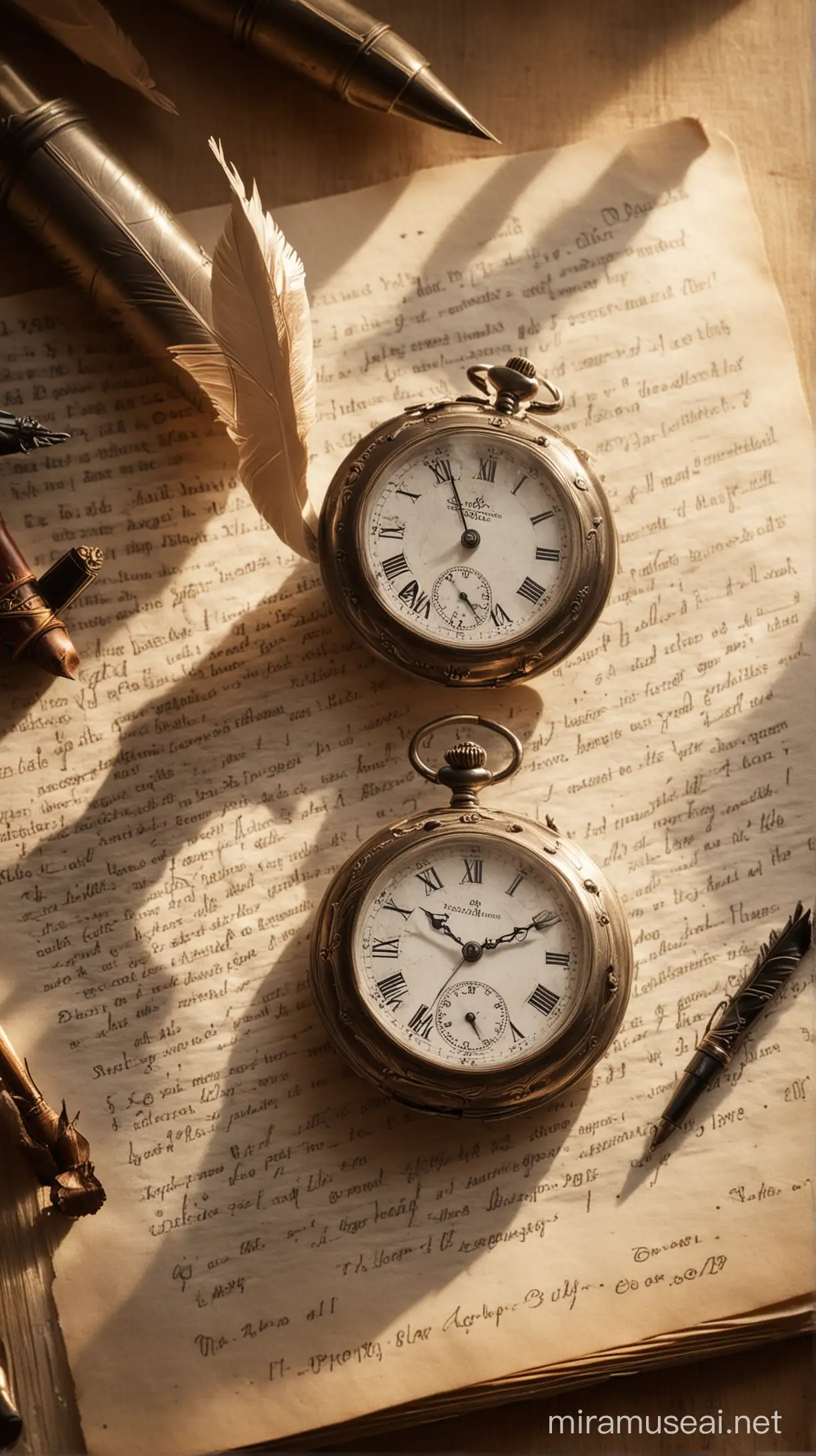 Vintage Pocket Watch on Aged Parchment with Quill Pens and Books