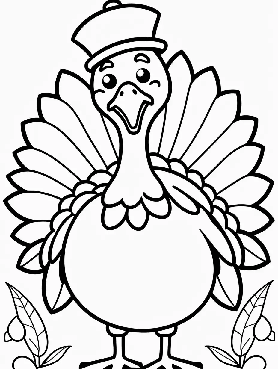 Very easy coloring page for 3 years old toddler. Fairytale  turkey. Without shadows. Thick black outline, without colors and big  details. White background.