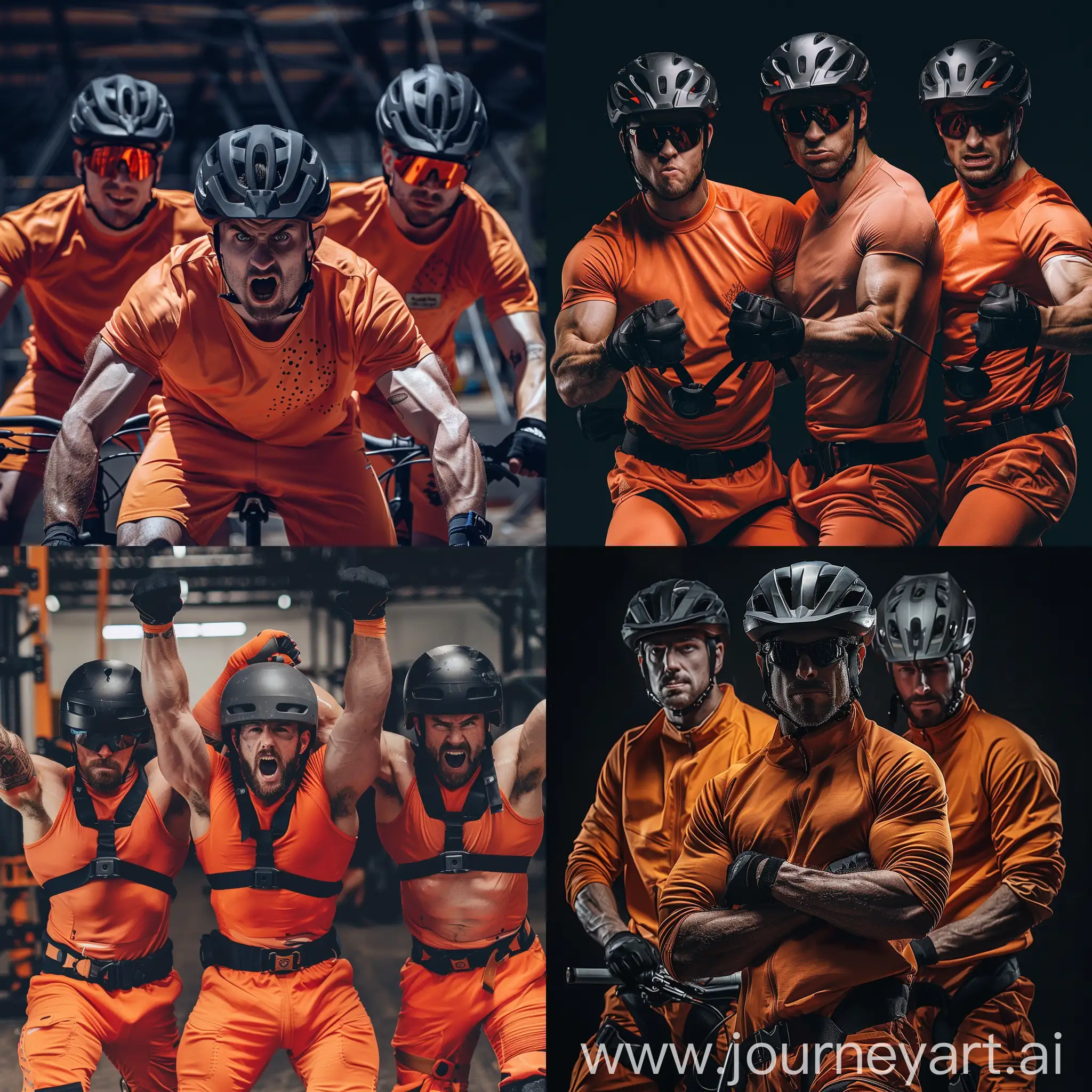 3 накаченных мужчины в оранжевой одежде и черных шлемах