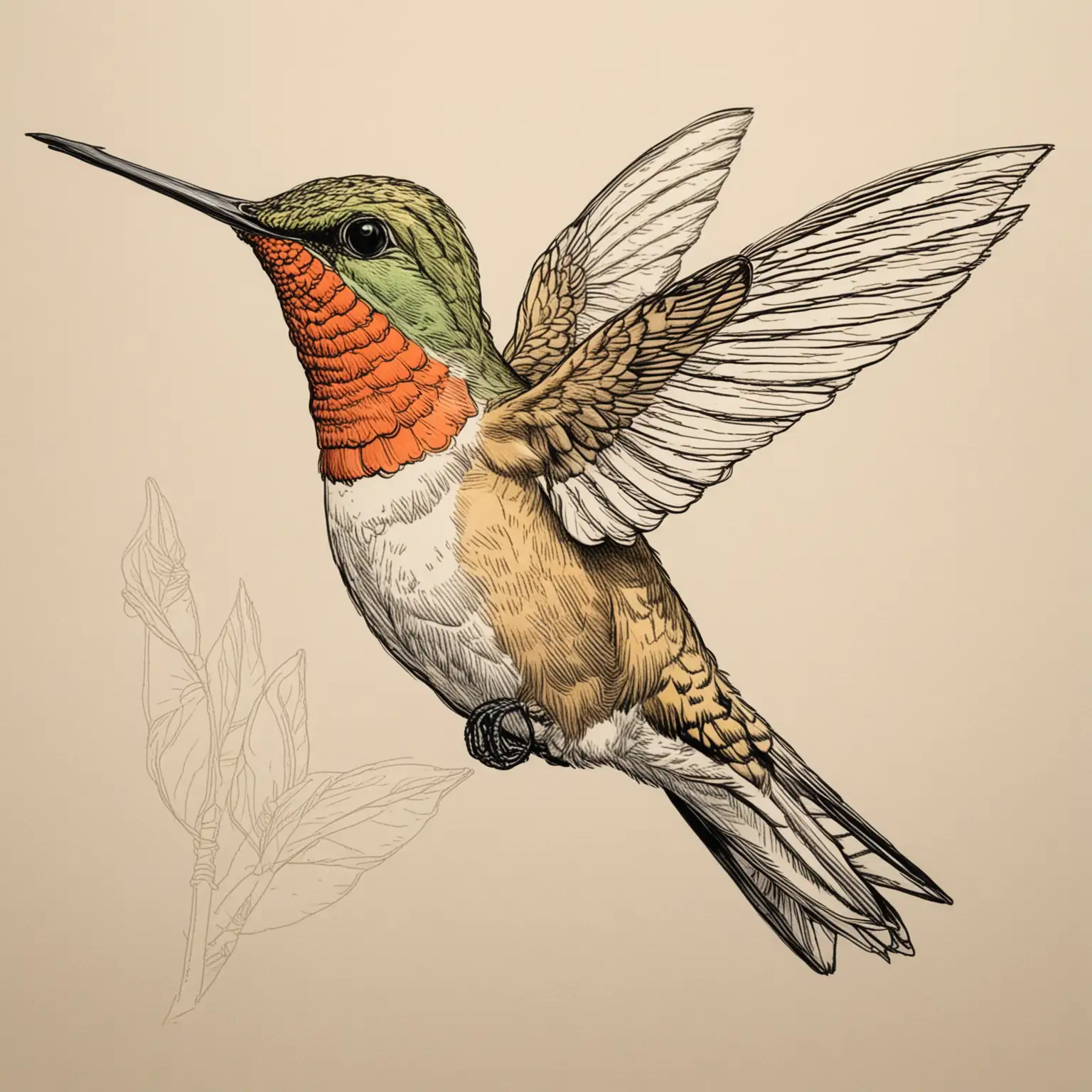 simple color line drawing of a cuban humming bird in Audubon style