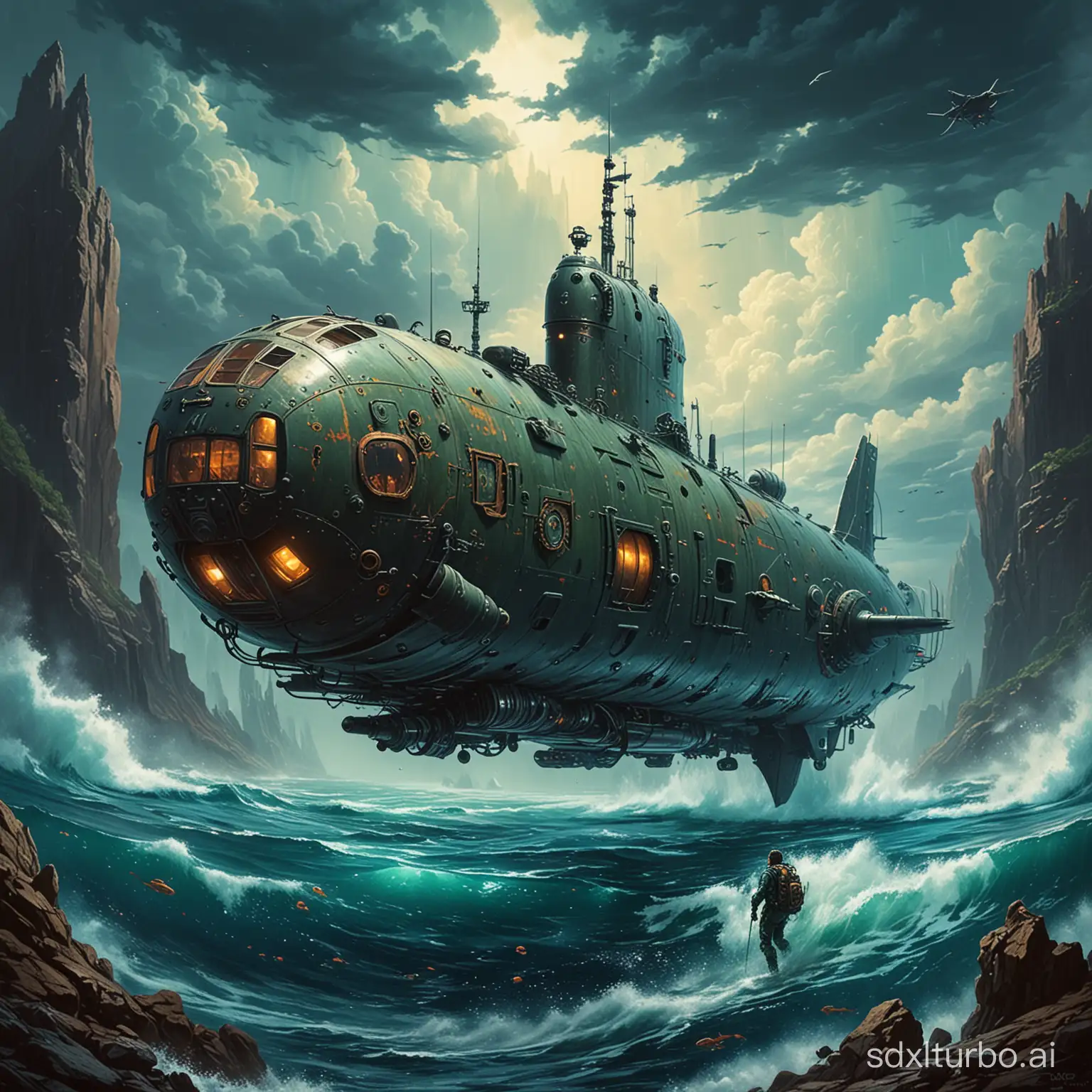 Futuristic-Submarine-Encounter-with-Dragon-in-SciFi-Painting