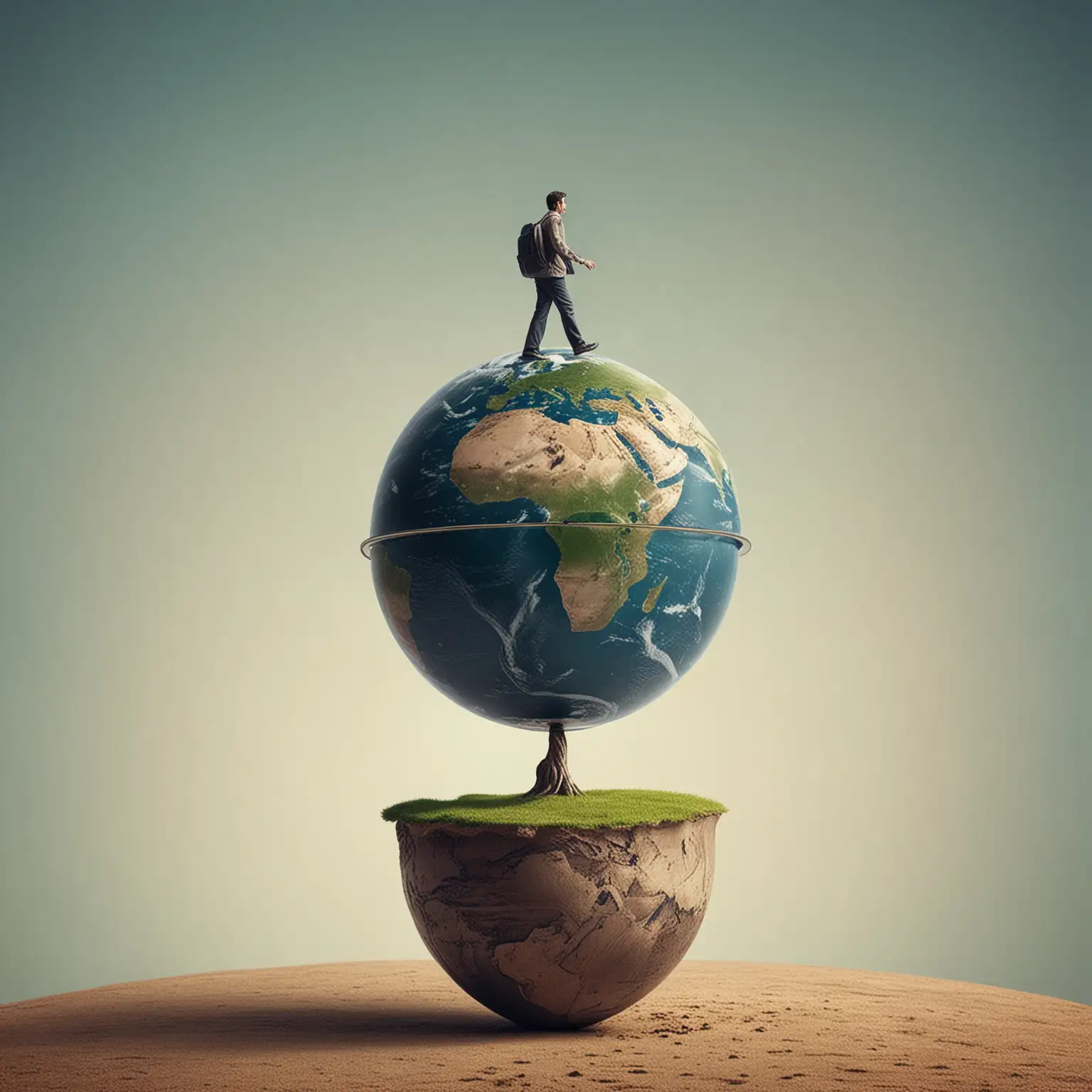 earth globe with one man walking on top of it