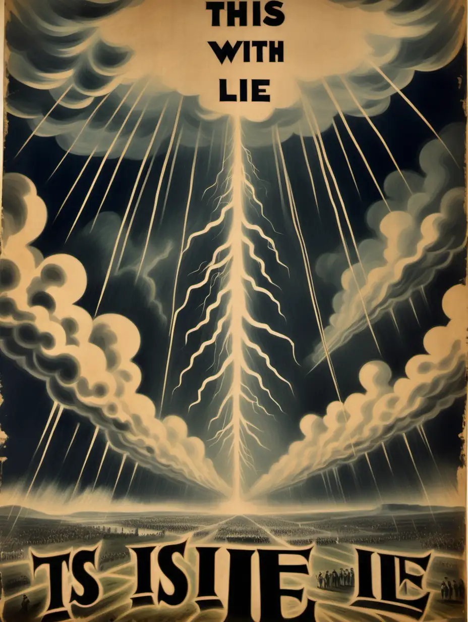 ancient hand painted protest poster, multiple off centre atomic gas clouds,  lightening rain storm, 1890 look, with the text "THIS IS A LIE", with nude crowd