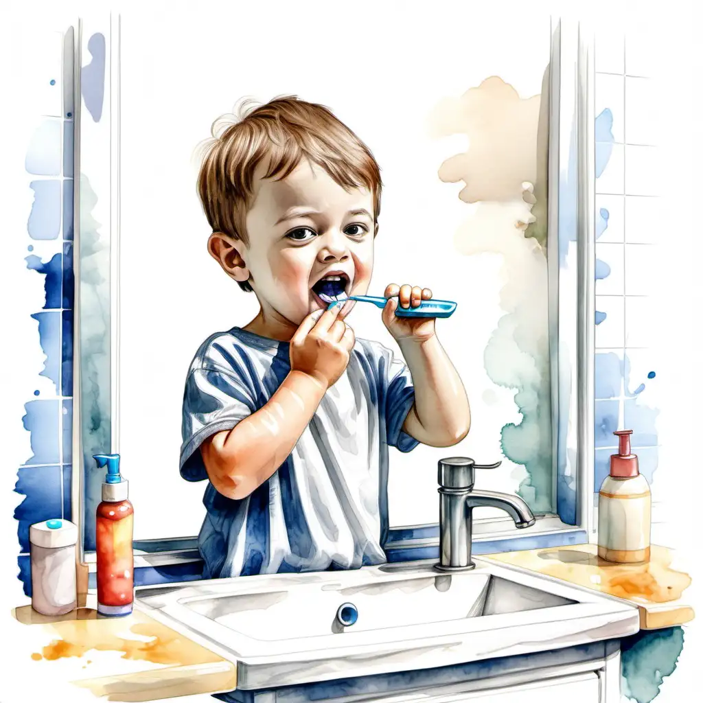 Child Brushing Teeth in Watercolor Style