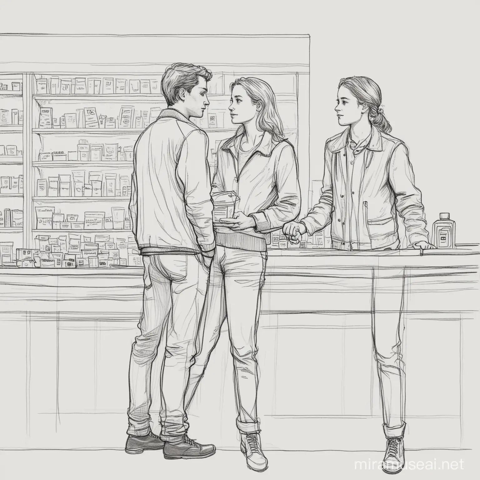 black and white simple line drawing of side view 2 young people, man and woman, both standing behind a counter, one of them carries a small packet
