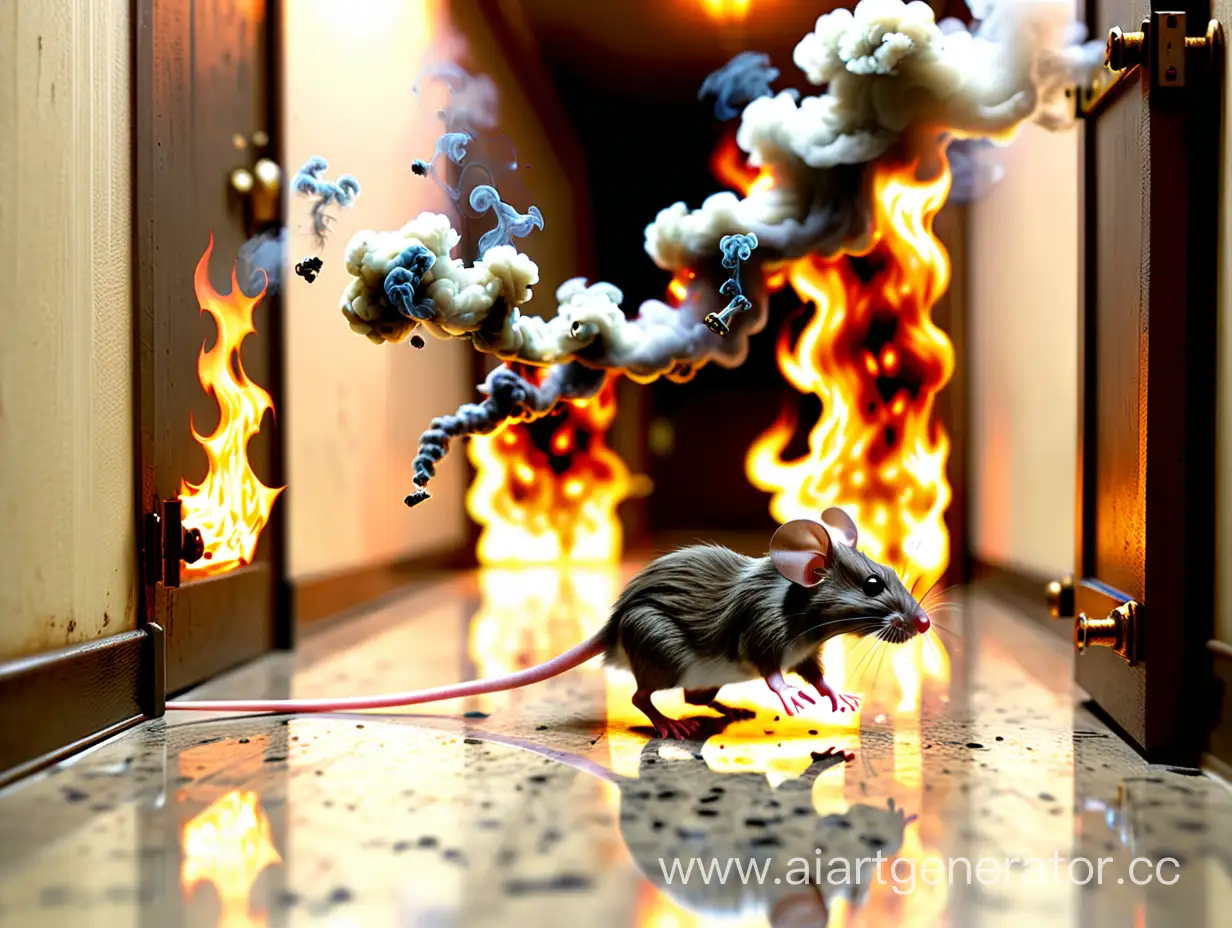 Prompt: A mouse runs down the corridor towards the exit, while many feet of people are heading inside. Smoke and fire fill the rooms.



