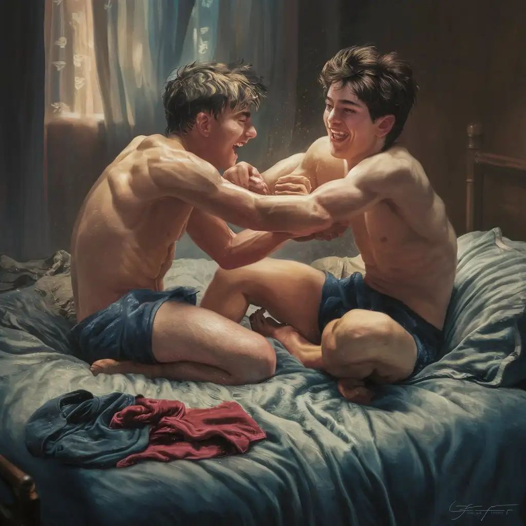 two gay boys wrestling shirtless in bed