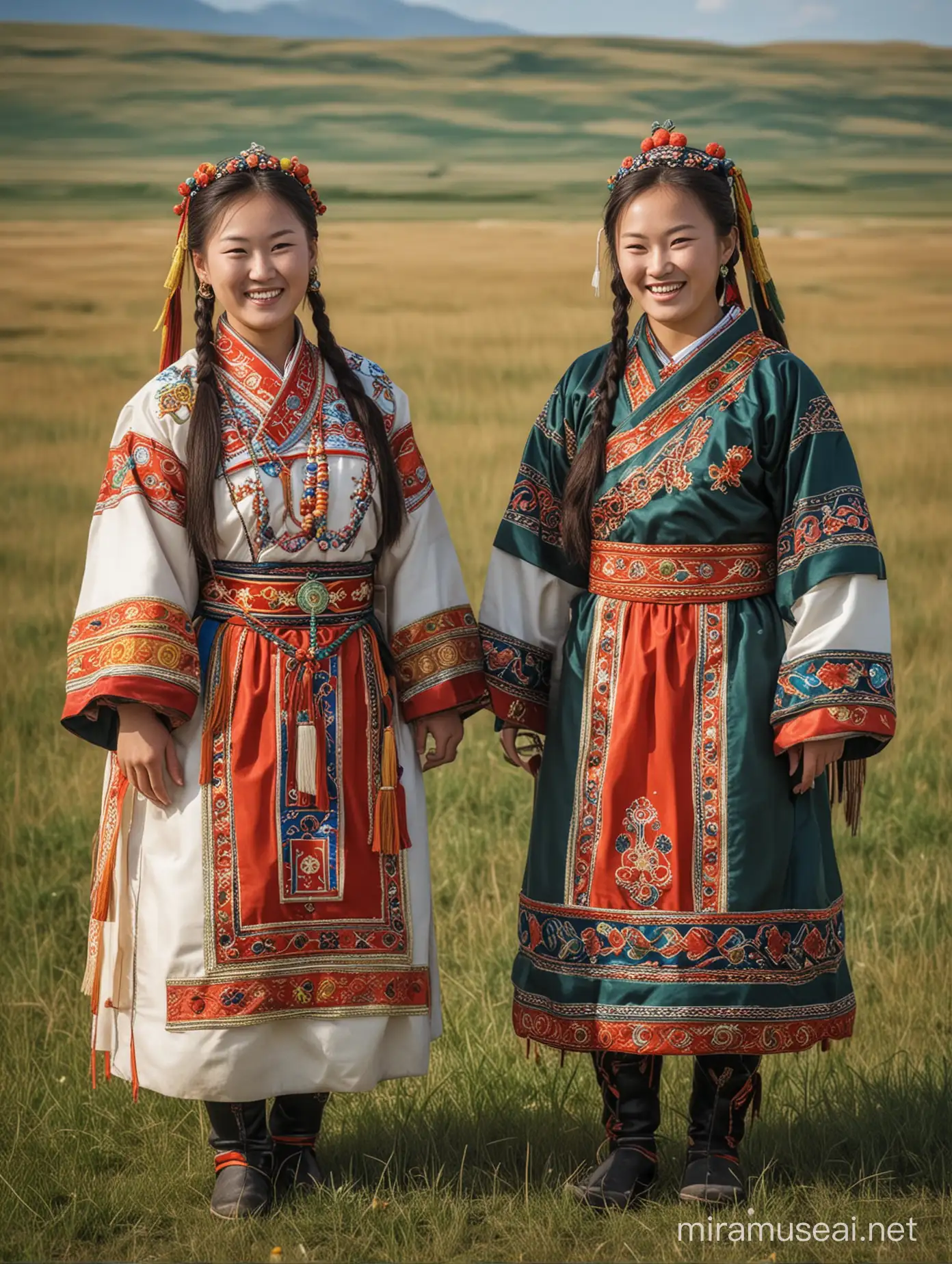 草原上，一对穿着蒙古土尔扈特服饰的姐妹两人，笑呵呵的看着我们。