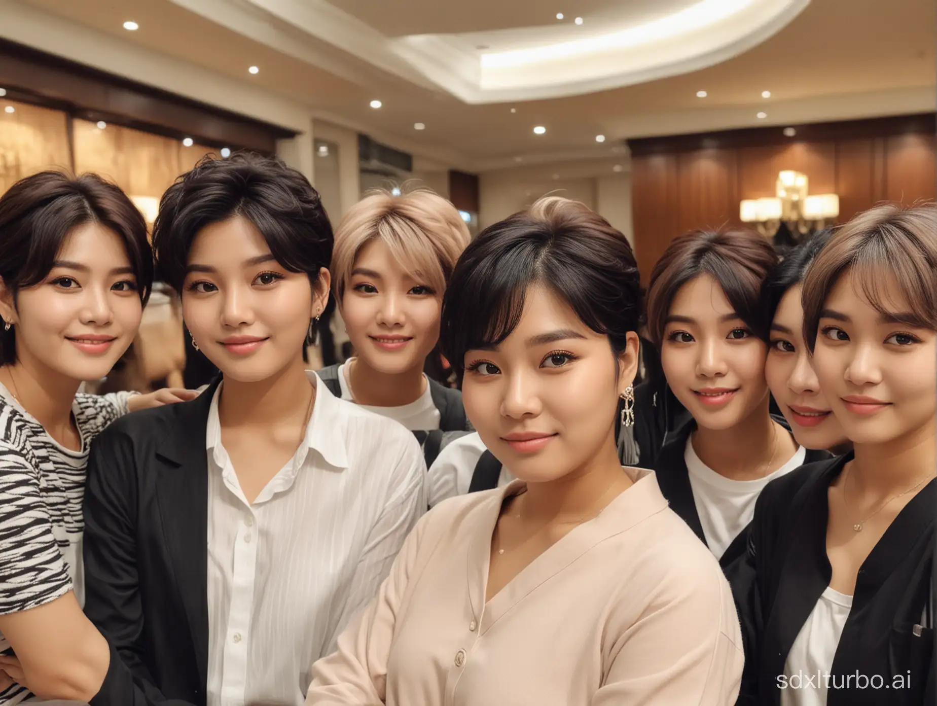 Create a picture where Indonesian women 50 years old, chubby, short body, brown skin, Grown Out Pixie black hair talks to a students, hotel lobby background. The students is BTS Korean Group Band Member.