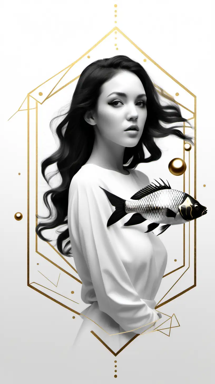 Realistic Pisces Zodiac Art with Beautiful Woman and Geometric Shapes