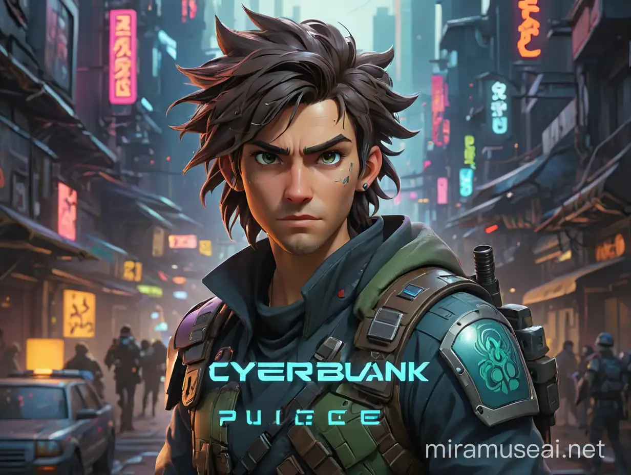 STYLIZED Futuristic WORLD VIDEO GAME LOGO COVER ART WITH THE LETTERS "Cyberpunk" ACROSS GAME COVER ART, HERO PARTY Police officer ROGUE DRUID RANGER